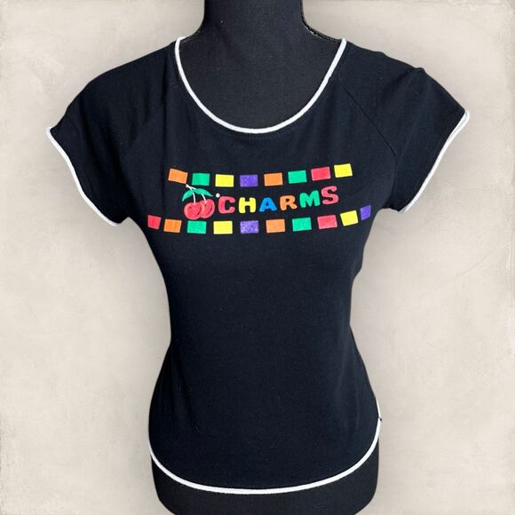 Y2K Baby Tee Vintage T-Shirt Charms Blow Pop Candy Black Rainbow Cherry Medium - Picture 1 of 3